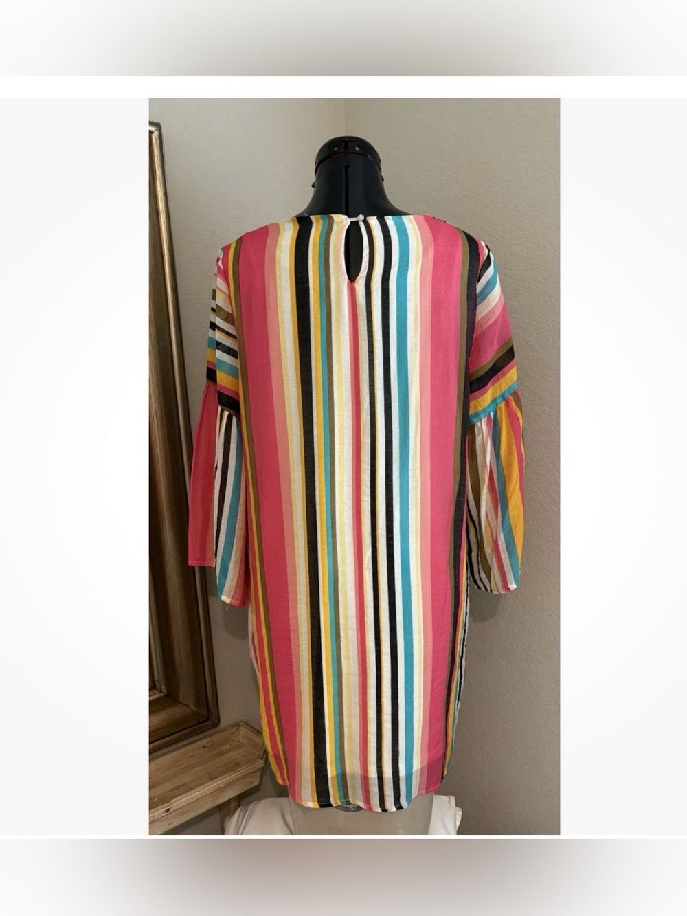 Listicle Womens Medium Multicolor Striped Bell Sleeve Shift Dress Boho Tunic - Picture 4 of 8
